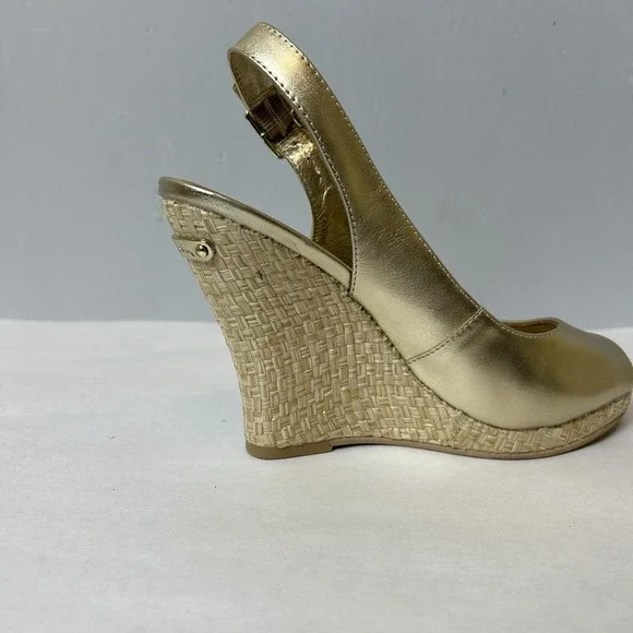 Lilly Pulitzer Shoes Womens 5.5 Gold Sandals Wedge Heels Slingback Kristen - Picture 5 of 15